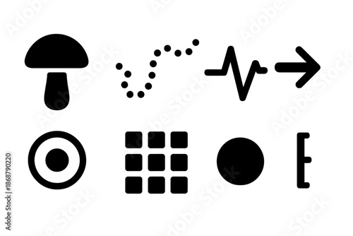 Fungal Analysis Icons. Solid style icons of flocking pattern fungus analysis: fungal cap, dotted swarm path, pulse line,