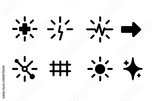 Radiant Mending Symbols. Solid style icons of radiant mending symbol: repair cross, glowing lines, pulse line, directional arrow,