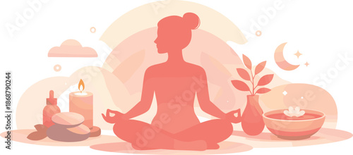 Minimal Self-Care Art. Minimal self-care composition featuring a calm silhouette and soothing rounded forms, modern flat vector