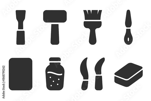 Ritual Carving Tools Icons. Solid style icons of ritual carving tools: bronze chisel, engraving mallet, dusting brush, wax marker,