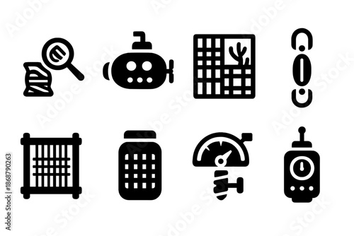 Oceanic Textile Icons. Solid style icons of oceanic textile study: marine thread analyzer, submersible microscope, coral weave
