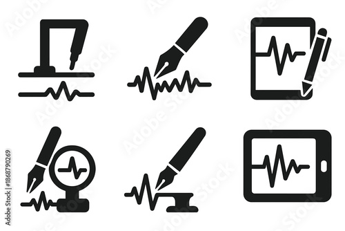 Pen Earthquake Monitors. Solid style icons of pen earthquake monitors: steady hand stabilizer, shaking nib detector, writing pad