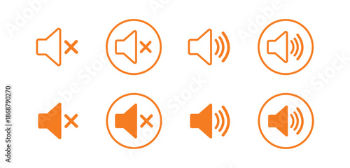 Orange speaker icons mute and volume sound waves isolated on transparent background