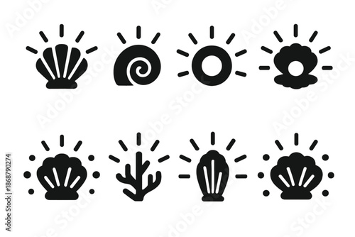 Luminous Shell Icons. Solid style icons of luminous shell indicators: shining shell plate, biolight spiral, pearly glow disc,