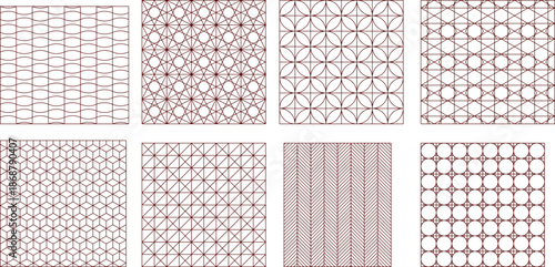 Technical vector collection of seamless geometric patterns, featuring grids, lattices, hexagons, and abstract line textures.