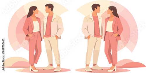 Synchronized Minimal Fashion. Minimal fashion scene highlighting synchronized outfits through mirrored silhouettes and colors,