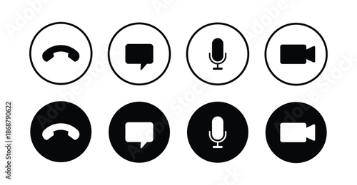 Set of communication icons with phone chat microphone and video isolated on transparent background