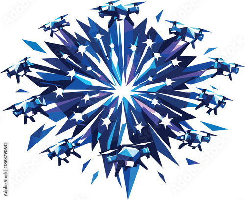 Eco-Friendly Drone Fireworks. Low-poly vector illustration focused on an eco-friendly aerial firework formed by synchronized LED