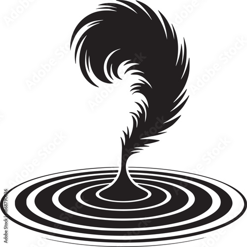 A black and white illustration of a swirling vortex above concentric circles on a white background