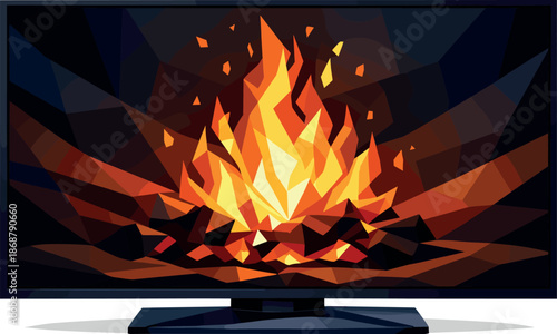 Low-Poly Virtual Fire. Low-poly vector illustration focused on a virtual fire burning inside a sleek TV display with immersive