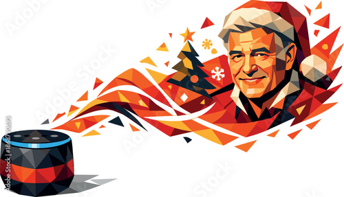 Festive Voice Assistant. Low-poly vector illustration focused on a voice assistant concept with the recognizable voice presence of