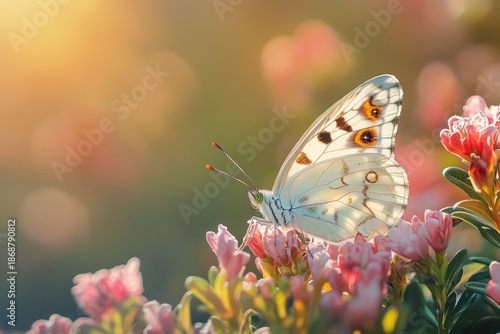 Beautiful butterfly resting on delicate pink flowers during golden hour light