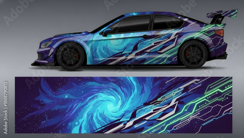 Sports car with a vibrant blue and purple abstract vortex and circuit board graphic wrap design.