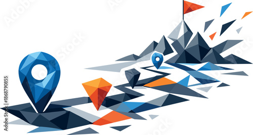 Abstract Goal Map. Low-poly vector illustration focused on a conceptual goal map representing progress and destination, angular