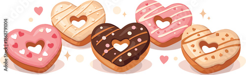 Donut Hearts Composition. Minimal donut hearts composition highlighting individual pastries with rounded edges, icing details, and