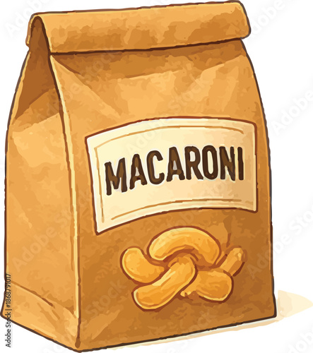Cute Illustrated Macacararoni Elbow Pasta in Kraft Paper Bag, Food Vector Art