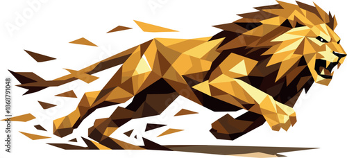 Geometric Running Lion. Low-poly vector illustration focused on a lion in full run, angular polygonal construction with sharp