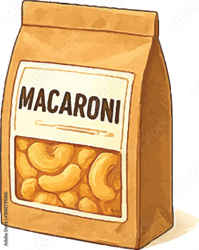 Cute Illustrated Macacararoni Elbow Pasta in Kraft Paper Bag, Food Vector Art