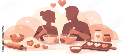 Baking Love Silhouettes. Minimal baking composition highlighting couple silhouettes with mixing bowls, rolling pins, and