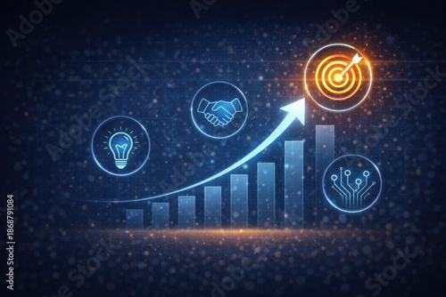 Business growth concept illustration featuring glowing digital icons of innovation, partnership, technology, and a target symbol on a dark blue background. An upward arrow and bar chart represent stra