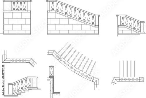 Technical architectural vector of classical stone balustrades and staircase railings, featuring elegant turned spindles.