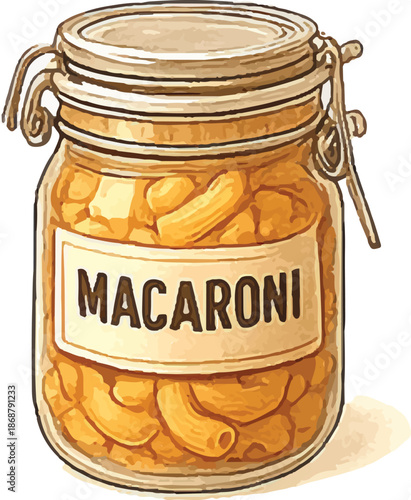 Stylish Macacararoni Pasta in Clip-Lid Glass Jar, Cute Orange Elbow Noodles Vector (