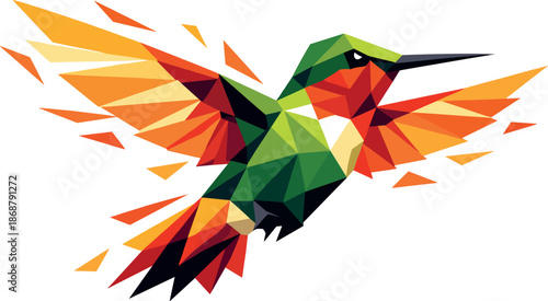 Geometric Hummingbird Flight. Low-poly vector illustration focused on a hovering hummingbird in flight, polygonal geometric style