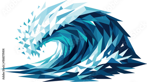 Geometric Wave Art. Low-poly vector illustration focused on a breaking sea wave, polygonal geometric style with sharp triangular
