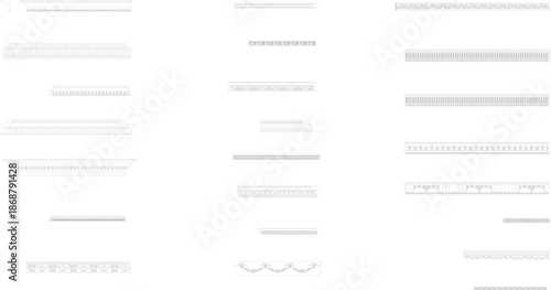 Technical vector set of architectural border moldings, featuring ornate friezes, decorative trims, and horizontal reliefs.
