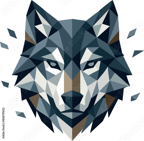 Geometric Wolf Illustration. Low-poly vector illustration focused on a wolf head facing forward, polygonal geometric style with