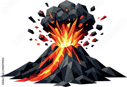 Erupting Volcano Vector. Low-poly vector illustration focused on an active volcano erupting lava and ash, faceted polygonal