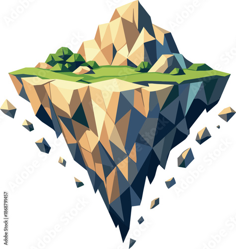 Floating Island Illustration. Low-poly vector illustration focused on a single massive flying island as an iconic symbol,