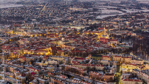Evening City of Kalisz in winter from above