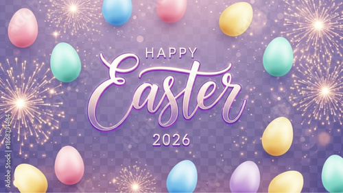 Vibrant Easter 2026 celebration with pastel eggs and fireworks against a purple backdrop, symbolizing the joy and renewal of the holiday. vector illustration