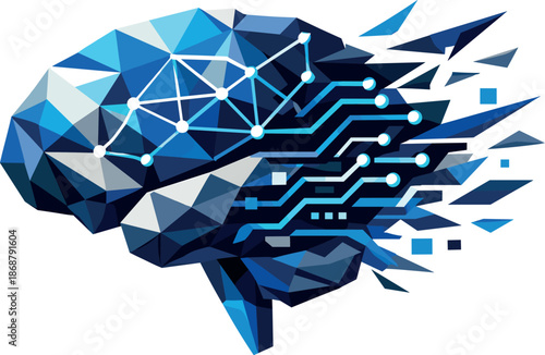 Futuristic Neural Brain. Low-poly vector illustration focused on a futuristic brain–neural network hybrid, polygonal geometric