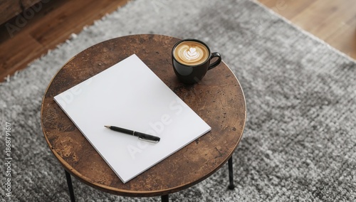 Coffee Cup and Blank Notebook on a Table With a Simple Background in a Cozy P...