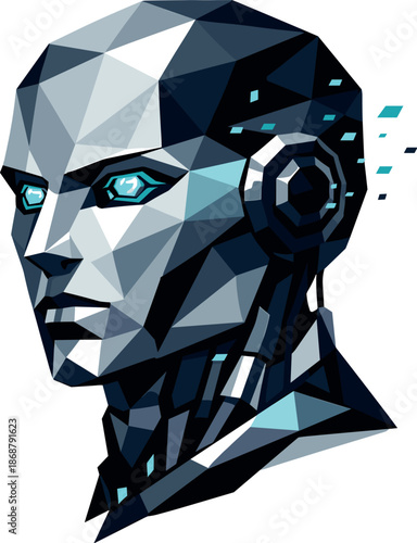 Geometric AI Robot. Low-poly vector illustration focused on a humanoid robot head with AI character, polygonal geometric style