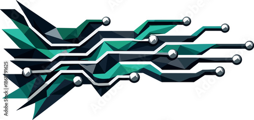 Geometric Circuit Design. Low-poly vector illustration focused on an iconic printed circuit board pattern symbolizing technology