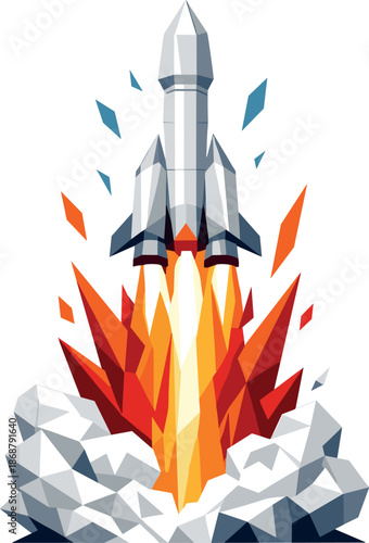 Geometric Rocket Launch. Low-poly vector illustration focused on a rocket launch at liftoff, polygonal geometric style with sharp