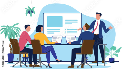 Team of business professionals in a modern office collaborating during a productive meeting, with colleagues discussing conference table with laptops. Teamwork concept in flat design