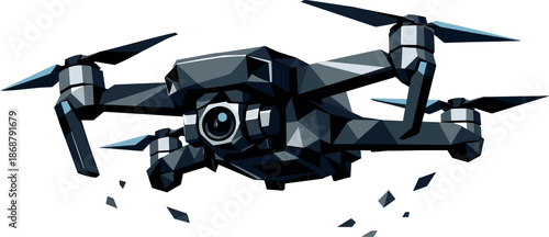Modern Drone Design. Low-poly vector illustration focused on a camera-equipped quadcopter drone, polygonal geometric style with