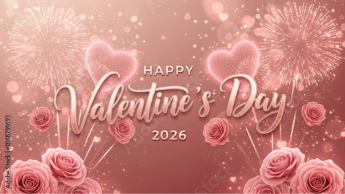 Celebrate the spirit of Valentine's Day 2026 with an artistic, romantic visual that features hearts, fireworks, and a floral design, perfect to evoke a sense of love, affection. vector illustration