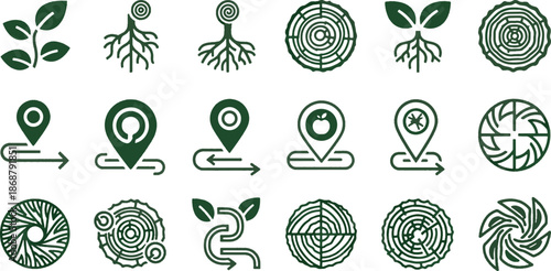 Nature and environment icon set with tree roots, wood grain textures, and map location pins, green organic farm and forestry symbols