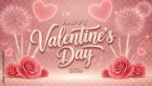 A romantic Valentine's Day 2026 greeting, featuring hearts, roses, and fireworks to create a visually appealing celebration of love and affection.  vector illustration