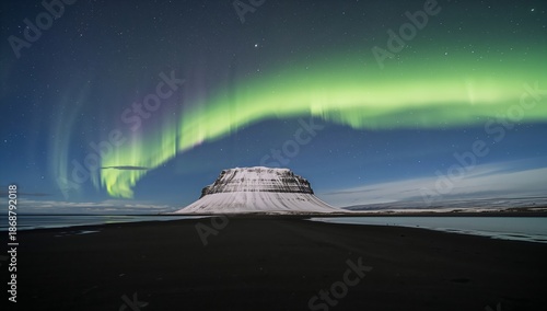 Northern Lights Shine Over Kirkjufell Mountain in Iceland During a Winter Night