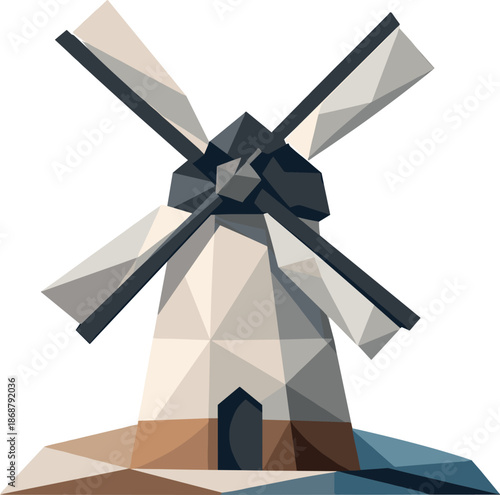 Minimalist Windmill Icon. Low-poly vector illustration focused on a minimalist windmill icon, polygonal geometric style with sharp