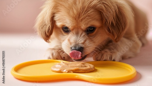 Dog Licks Peanut Butter Cookie on Orange Mat While Sitting on Table in Indoor Setting © olegganko
