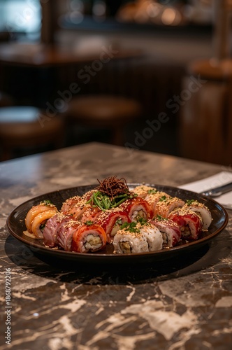 Sushi Rolls Arranged on a Black Plate Placed on a Marble Table in a Restaurant