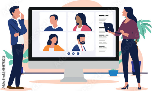 Online business video meeting - Two people, man and woman in office talking with businesspeople remotely online. Flat design vector illustration graphic on white background