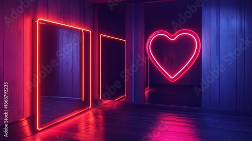 A dark room with neon lights forming a heart shape and a rectangular frame on the walls.